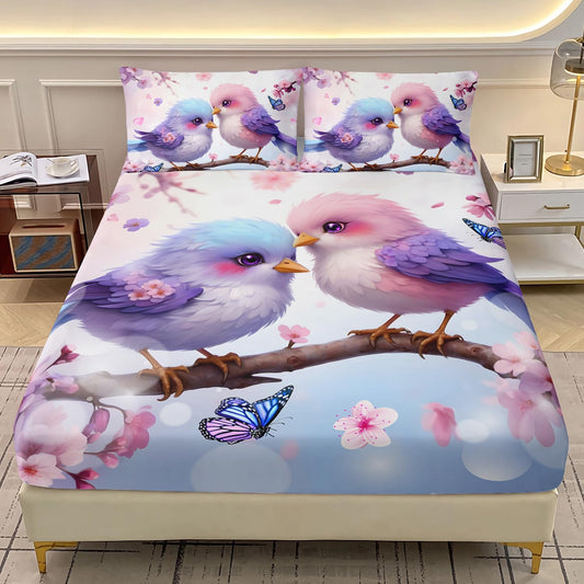 AILONEN Cute Cartoon Bird Fitted Sheet Set Twin Size,Kawaii Pink and Blue Bird Bedding Sheet 3Pcs,Romantic Flower Butterfly Animal Themed Bed Sheet Set for Boys Girls,1 Fitted Sheet + 2 Pillowcases