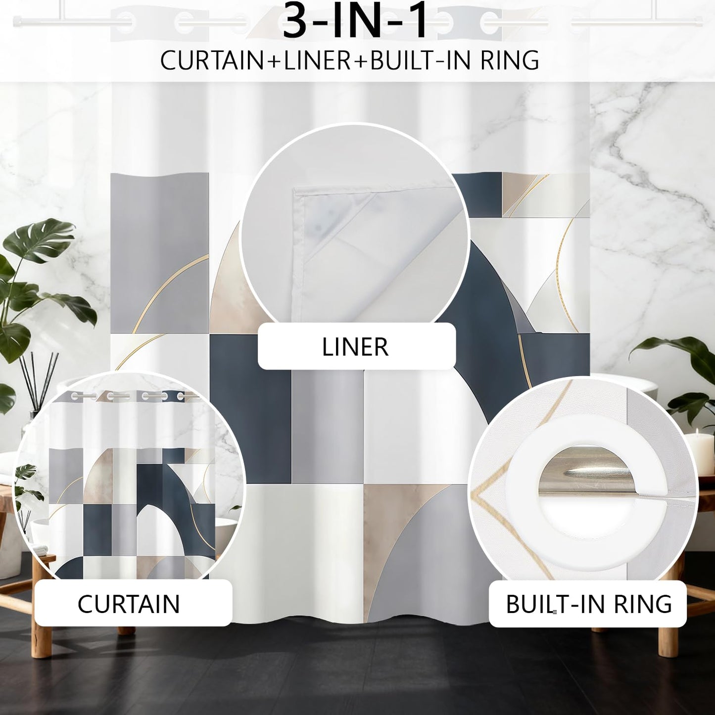 NAEMBCU Geometric Abstract No Hook Shower Curtain with Snap in Liner