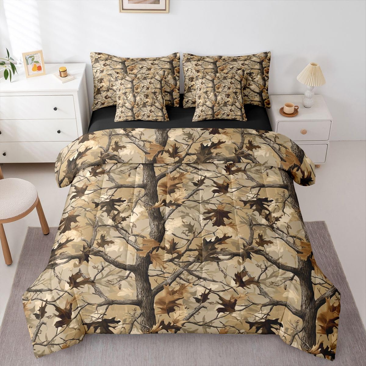 Feelyou Tree Branches Comforter Set with Sheets 7 Piece Queen Size Tree Leaf Bed in a Bag Kids Boys Girls Botanical Bedding Set Nature Theme Bedroom Decor Breathable Soft Microfiber