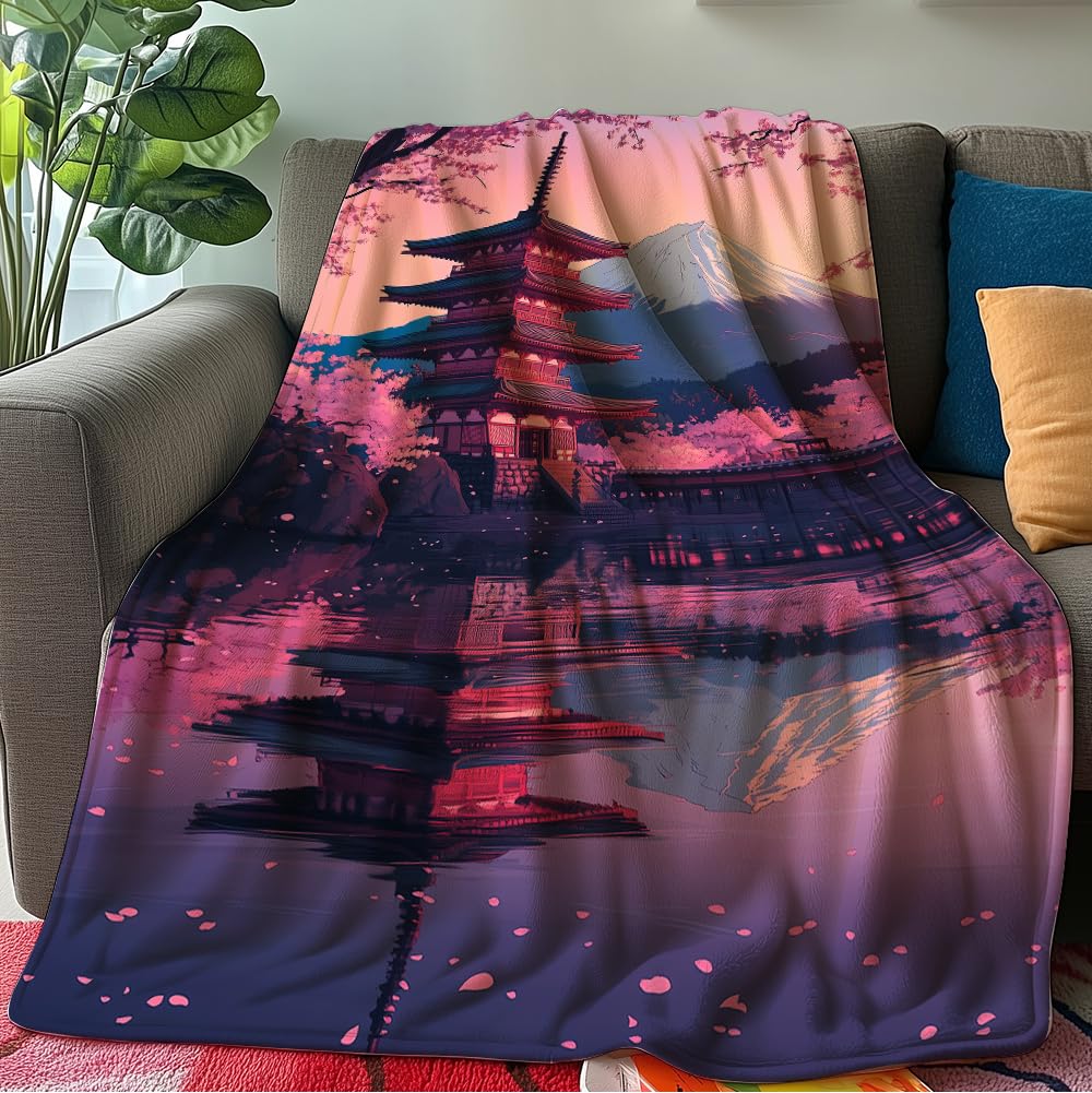HUNXIAOJ Japanese Throw Blanket Japanese Gifts Cherry Blossom Blanket Japan Scenery Decor Warm Soft Flannel for Girls Boys Women Teens Adults Bed Sofa Couch (60 in x 80 in)