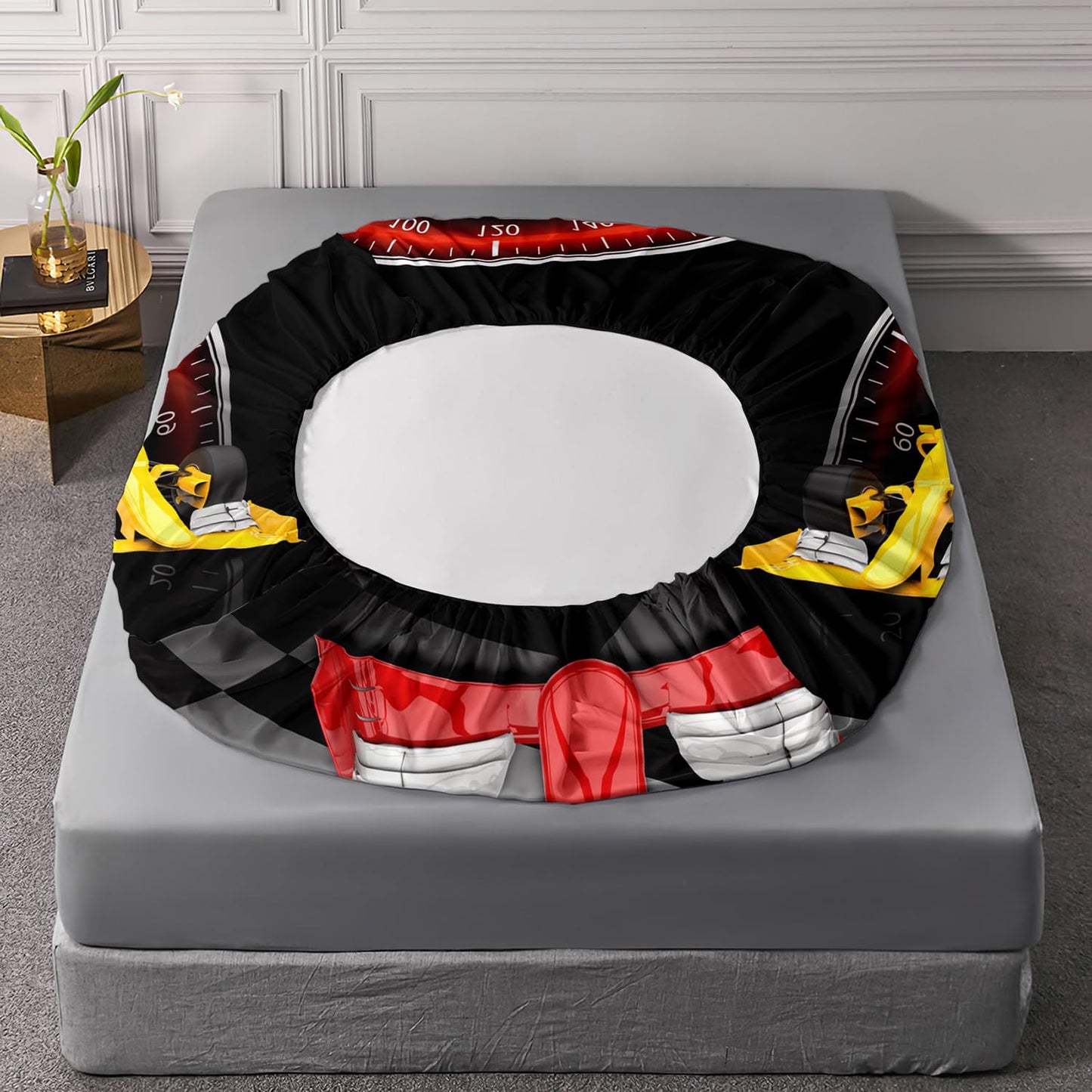 AILONEN Red Racing Car Fitted Sheet Set,Black and White Grid Extreme Sport Bed Sheet Set Queen Size,Speed Dial Pattern Bedding Set for Kids Boys,1 Fitted Sheet 2 Pillowcases,3-Piece,Soft Microfibre