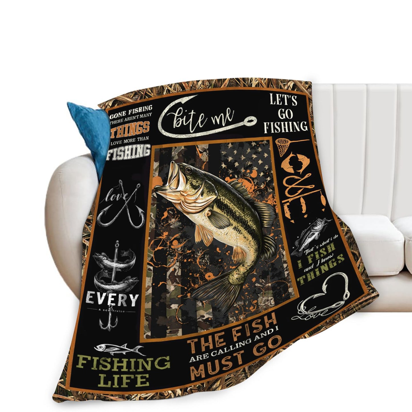 Dynova Fishing Blanket Cozy Plush Fish Throw Blankets Fuzzy Flannel Fleece Camo Fisherman Gifts Decor for Boys Men 50"X40"