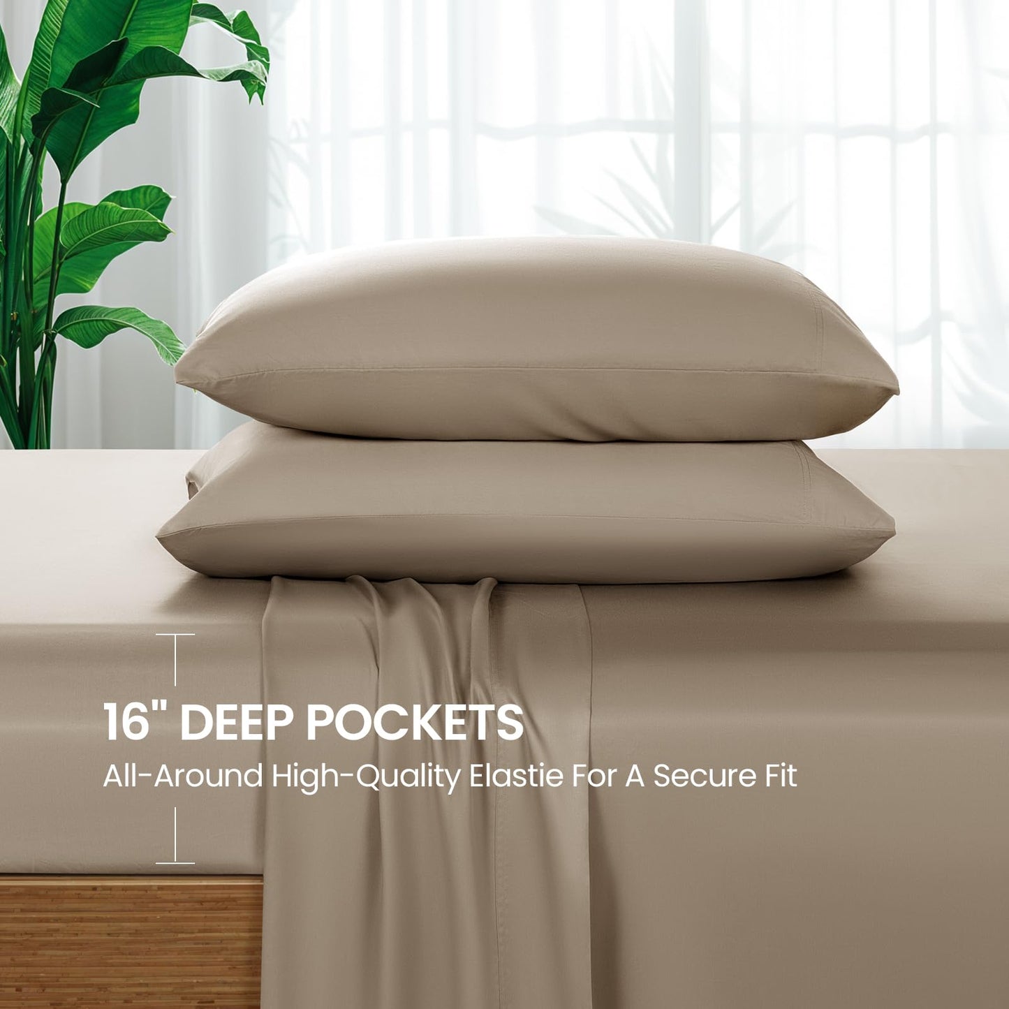 SONORO KATE 100% Viscose Derived from Bamboo_Sheets Queen Size, Ultra Breathable & Cooling Bed Sheets for Hot Sleepers, Hotel Luxury Silky Bedding Sheets, 16" Deep Pocket - 4PC (Simply Taupe,Queen)