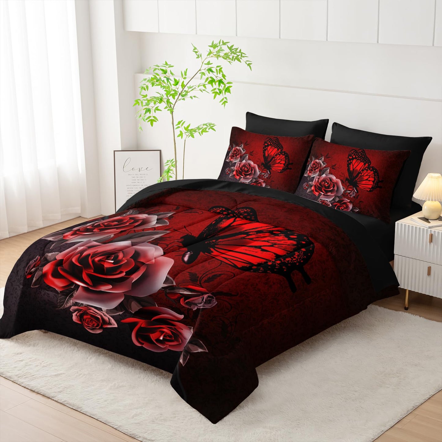 AILONEN Floral Butterfly Comforter Set Queen Size,Red and Black Bed in a Bag,7Pcs Soft Microfiber Retro Butterfly Comforter,Fitted Sheet,Flat Sheet,2 Pillowcases,2 Pillow Shams for Room