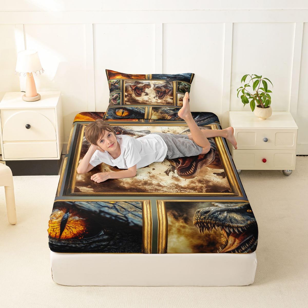Feelyou Dinosaur Bed Sheets Sets Twin Size Kids Boys Girls 3D Digital Print Bedding Set Jungle Dino Bed Sheet Set with 16-Inch Deep Pockets Blue Orange White Yellow 3Pcs with 1 Pillow Cases Wildlife