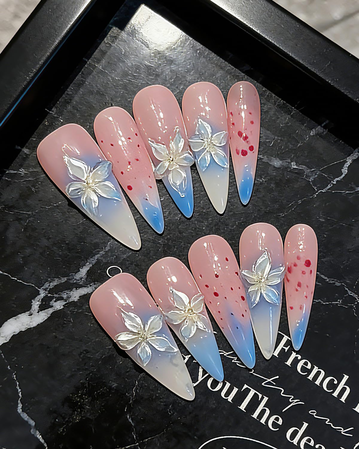 CAMILCY Luxury Handmade Press on Nails Pink Blue Gradient Stiletto nail Cherry Blossom Glitter Fake Nails with 3D White Flower Acrylic Glossy Reusable Elegant Artificial Nails for Women (A022, M)