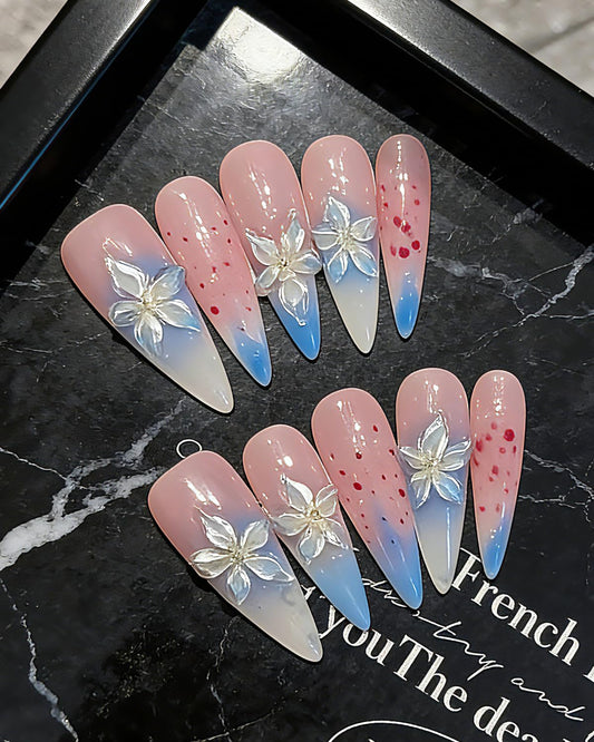 CAMILCY Luxury Handmade Press on Nails Pink Blue Gradient Stiletto nail Cherry Blossom Glitter Fake Nails with 3D White Flower Acrylic Glossy Reusable Elegant Artificial Nails for Women (A022, M)