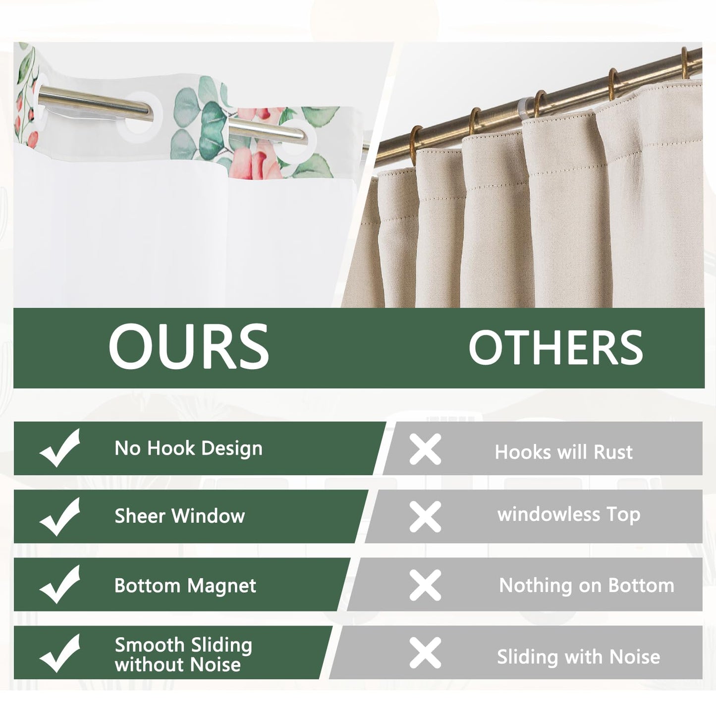 NAEMBCU No Hook Shower Curtain with Snap in Liner 71x74 Inch