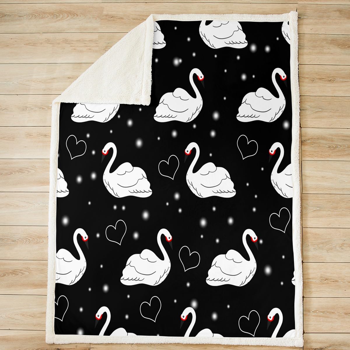 Feelyou Swan Print Sherpa Throw Blanket Cartoon White Swan Animal Fleece Blanket Polka Dots Plush Blanket for Couch Sofa Bedroom Decor Galaxy Fuzzy Blanket Throw 50"x60"