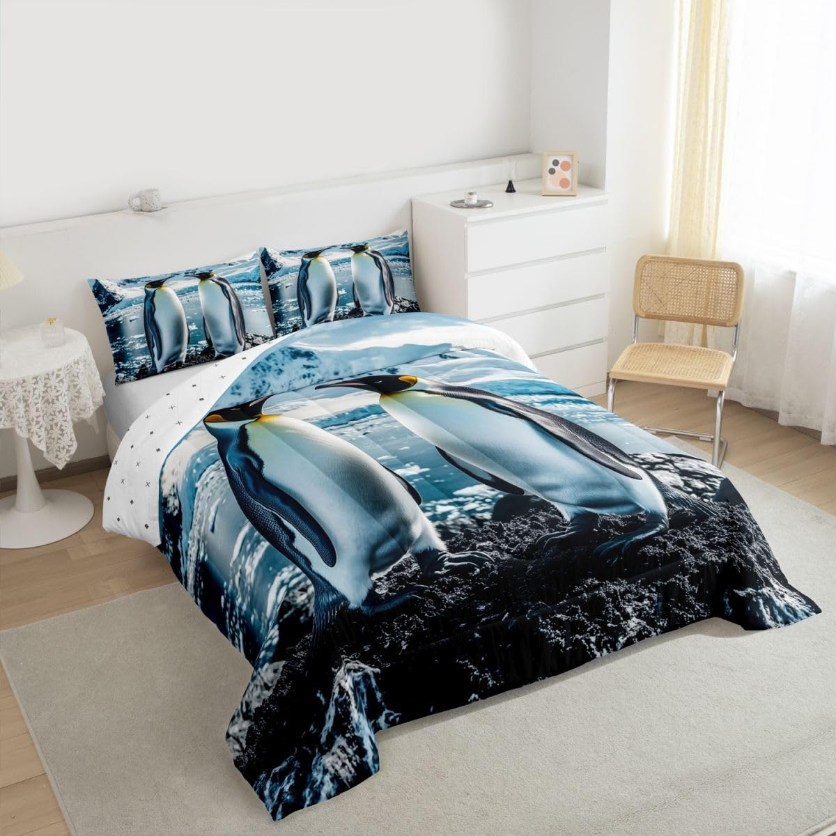 Erosebridal Penguin Bedding Set Queen Black White Penguins Comforter Set for Kids Boys Girls Cute Antarctica Animal Theme Down Comforter,Glacier Snow Quilt Duvet