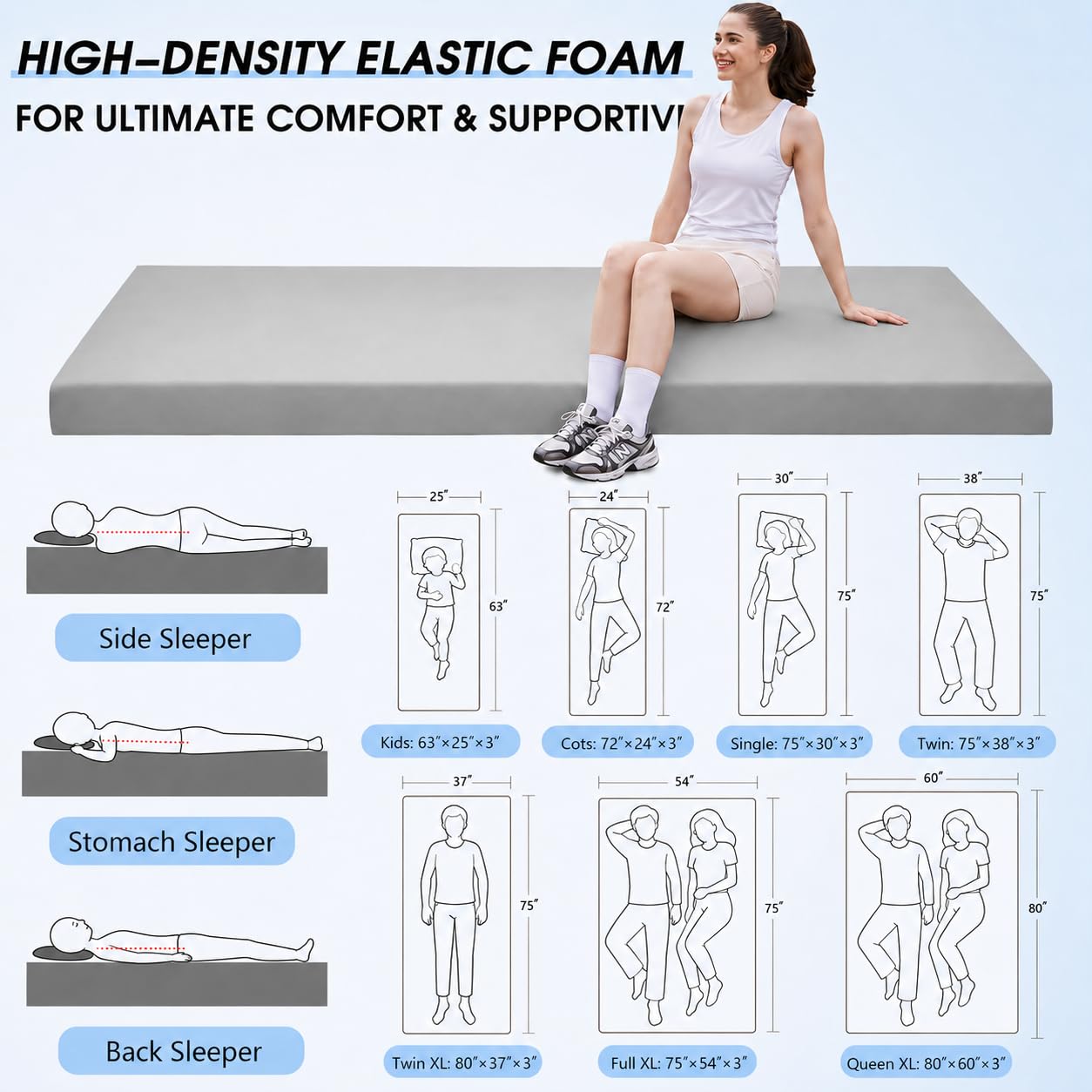 CYMULA 3 Inch Memory Foam Camping Pad, Camping Essentials Roll Up Floor Mat for Car Camping, Cot, Tent, Truck, Travel and Guest Use, Non-Slip Waterproof Bottom, Removable Cover