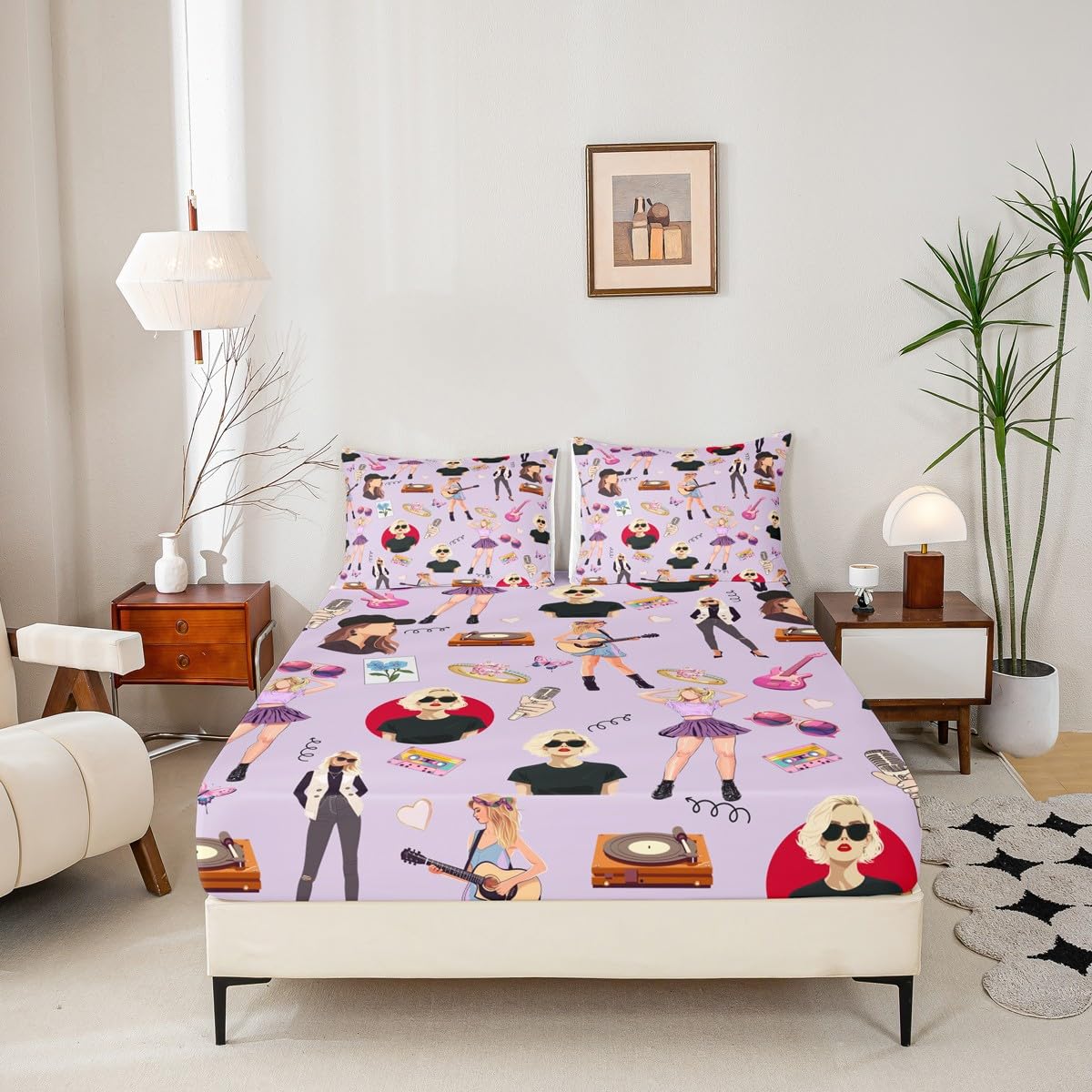 jejeloiu Music Bedding Set Full Size Girls Singer Bed Cover Gifts for Women Music Lovers Girly Guitar Bed Sheets Coworker Sister Friends Deep Pocket Fitted Sheet Purple Room Decor (No Top Sheet)