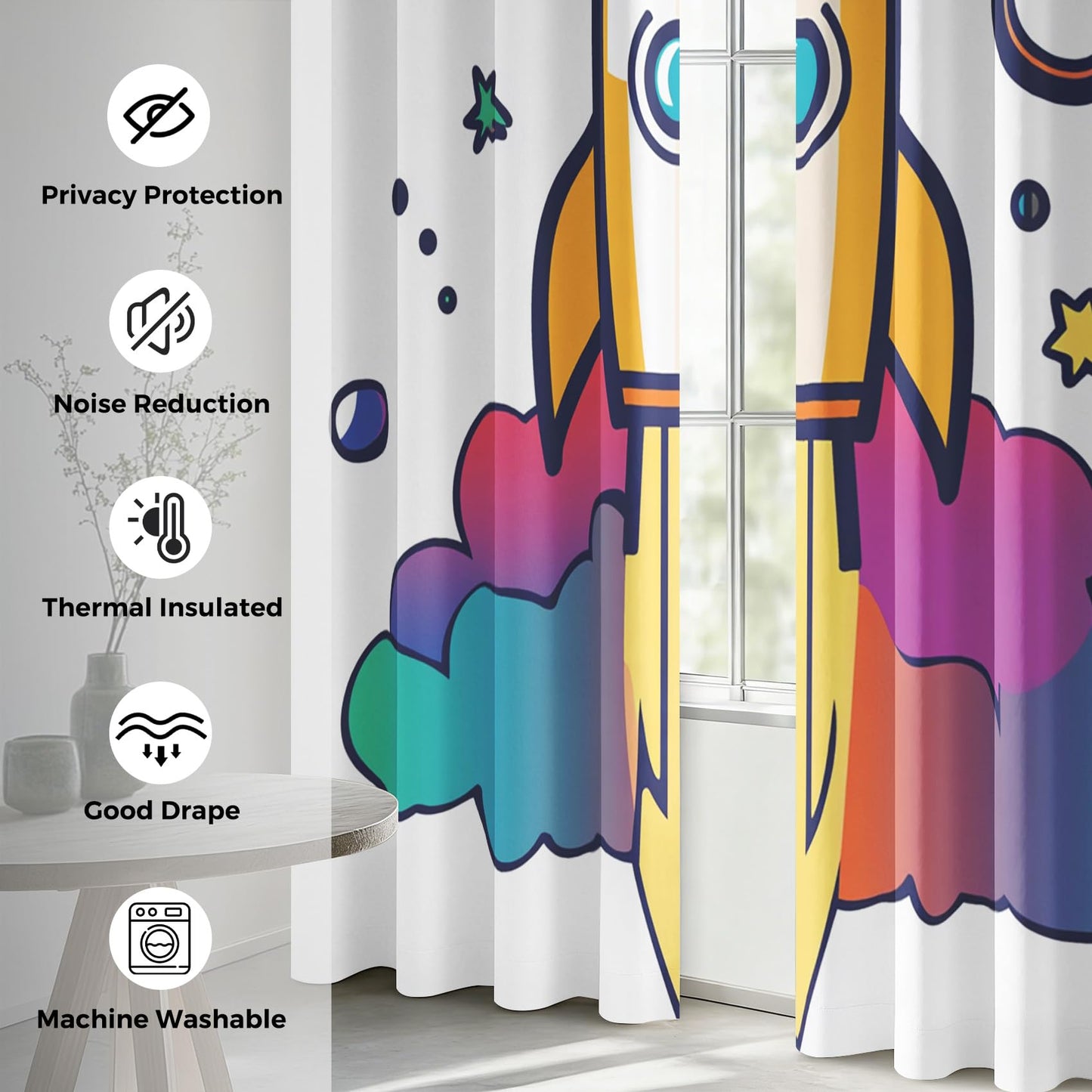 Cartoon Rocket Curtains Blackout & Home Decor, UFO Planet Curtains Bedroom Living Room Decor, Kids Boys Girls Thermal Insulated Grommet Drapes 63 Inch Long, 2 Panels Set N3Q-142