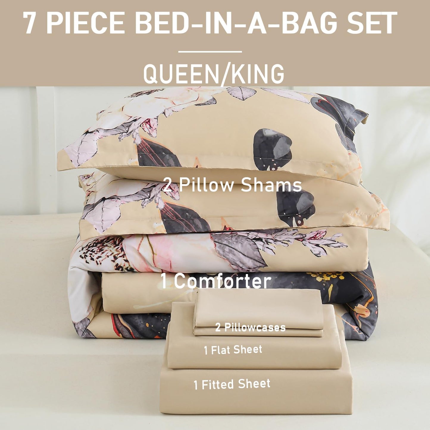 Yogeneg King Size Comforter Set 7 Piece Bed in a Bag,White Black Floral Botanical Pattern Khaki Bedding Set,Soft Microfiber Comforter with Sheet Set,All Season Bed Set(Khaki,King)