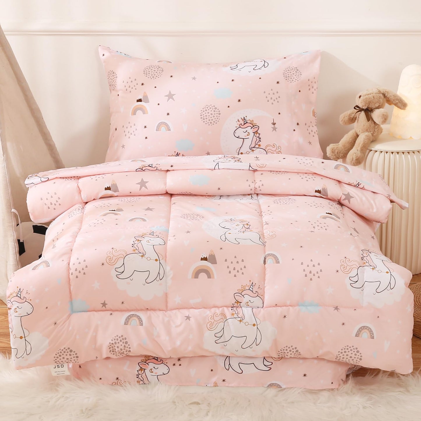 JSD Pink Unicorn Toddler Bedding Set, 4 Piece Bed-in-a-Bag Toddler Microfiber Comforter Sheet Set, Oeko-Tex Certified All Season Machine Washable