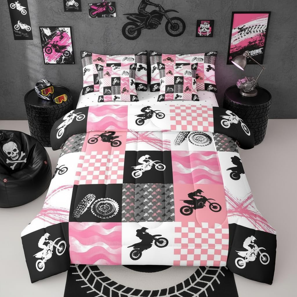 Erosebridal Motocross Twin Comforter Set 7 Pieces, Dirt Bike Bed in A Bag, Motorcycle Rider Bedding Set with Comforters, Sheets, Pillowcases Motorbike Extreme Sport Game Bedroom Decor