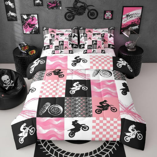 Erosebridal Motocross Twin Comforter Set 7 Pieces, Dirt Bike Bed in A Bag, Motorcycle Rider Bedding Set with Comforters, Sheets, Pillowcases Motorbike Extreme Sport Game Bedroom Decor