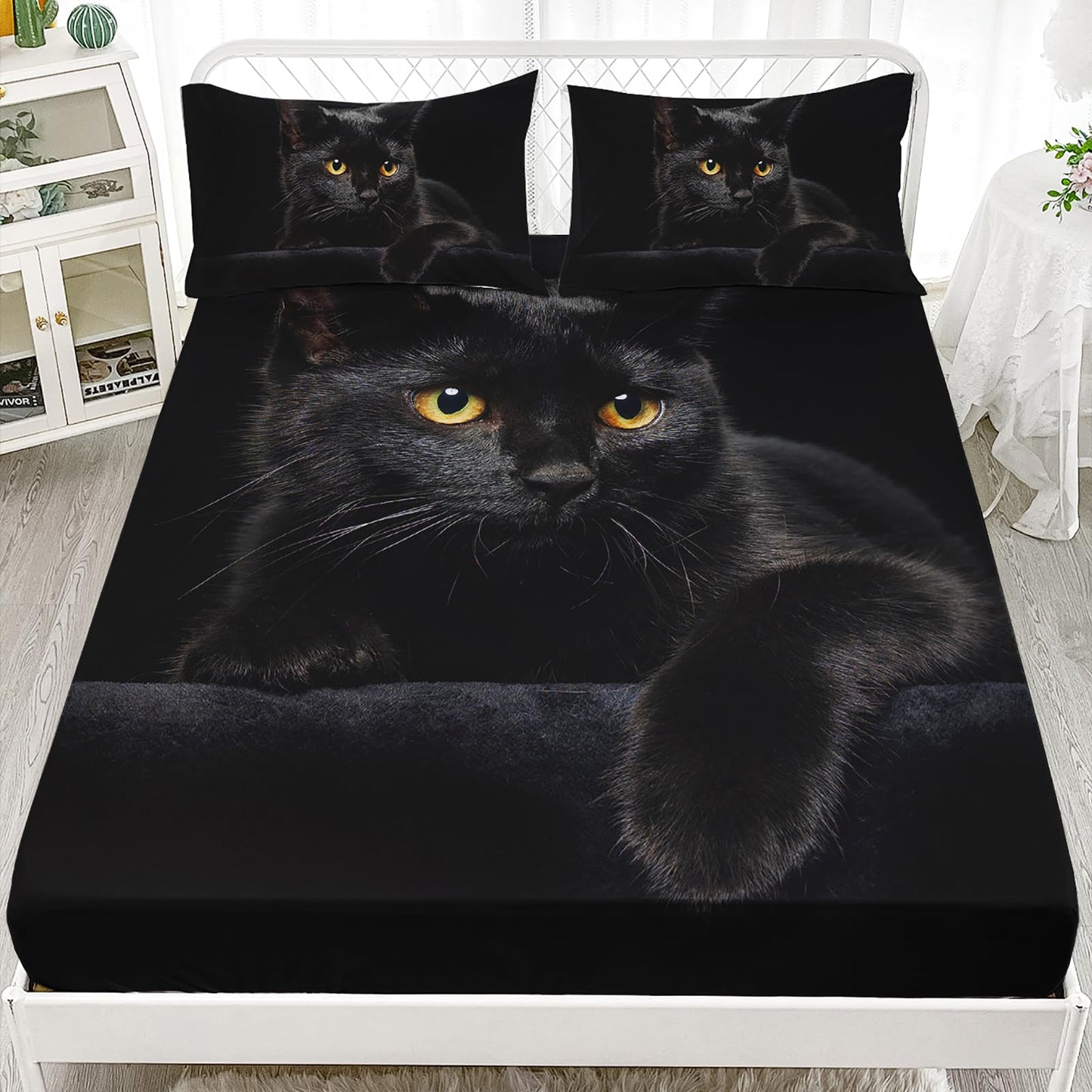 Nttopship Black Cat 4 Pieces Bed Sheets Soft Microfiber,Bedding Set Fitted Sheet Deep Pockets Top Flat Sheet Room Decor Animals Queen Size with 2 Pillowcases for Girls and Boys