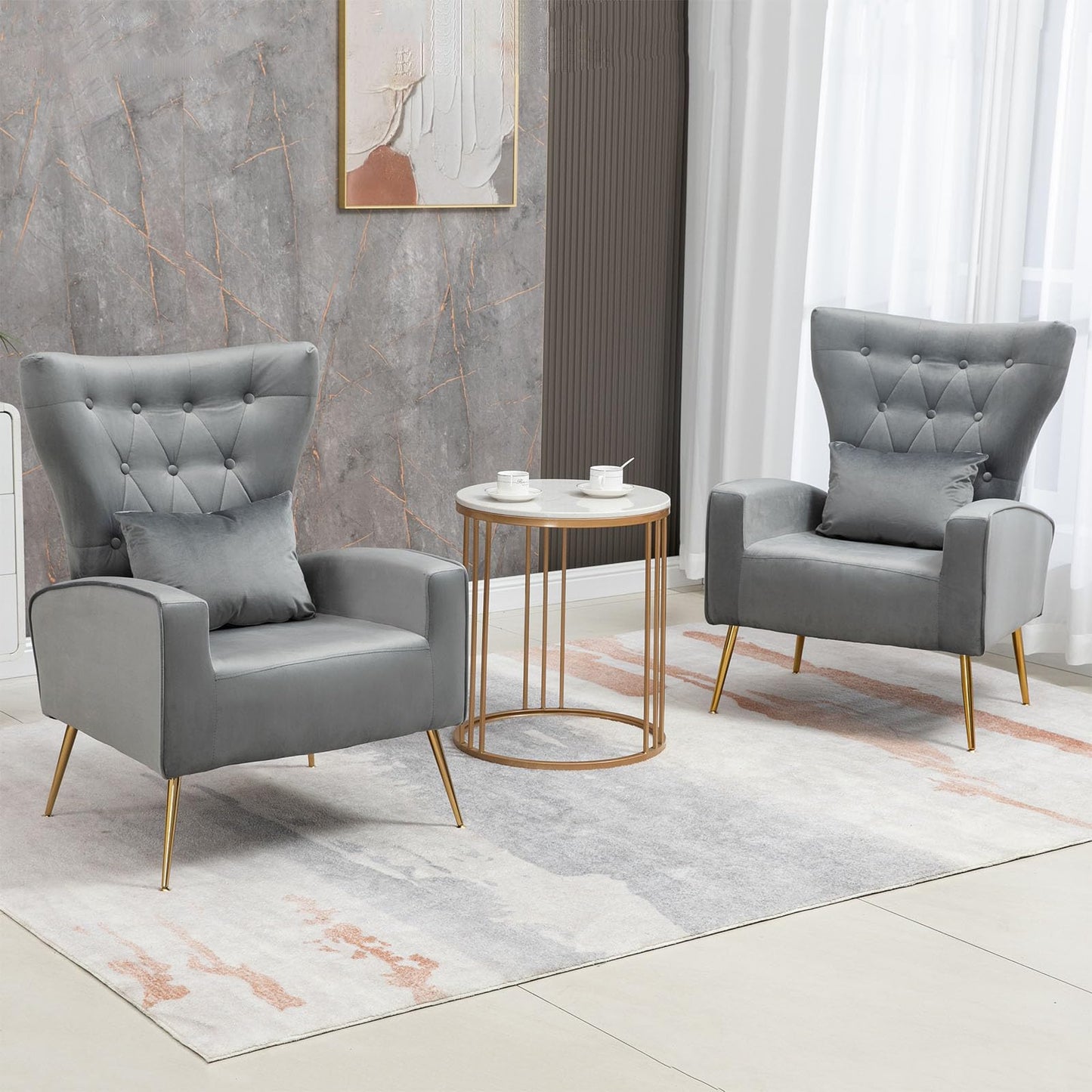 X-VOLSPORT Button-Tufted Velvet Accent Chairs Set of 2, Mid Century Modern Living Room Chair with High Wingback, Upholstered Arm Chair with Metal Gold Legs for Bedroom, Club, Gray