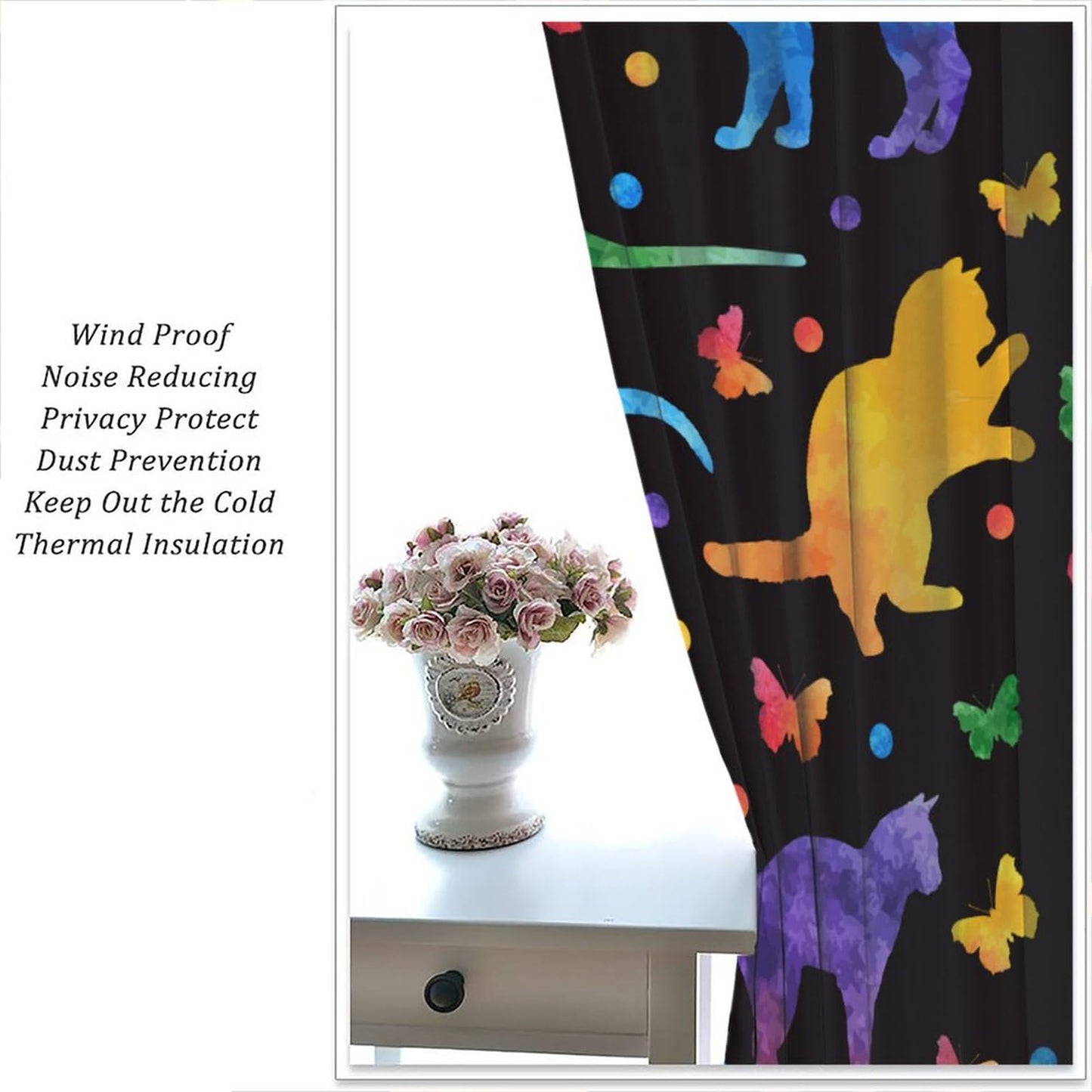 JADERYS Cat Blackout Curtains Colorful Cartoon Funny Animal Butterfly Cat Silhouette Black Kids Girls Boys Bedroom Living Room Rod Pocket Decoration Window Drapes 2 Panels W21xL45in