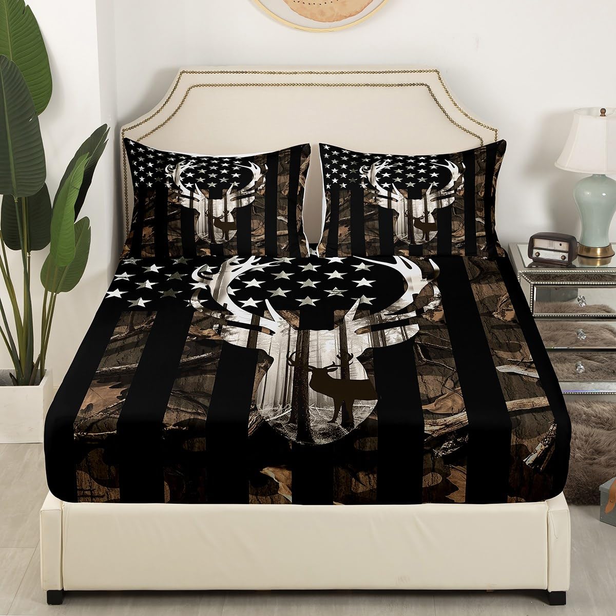 Grey Camo USA Flag Fitted Sheet Set Full Size 4pcs, Camouflage Deer Antlers Silhouette and Trees Bedding Set(1 Fitted,1 Flat,2 Pillowcases),American Flag Luxury Deep Pocket Bed Sheets for Girls Teen