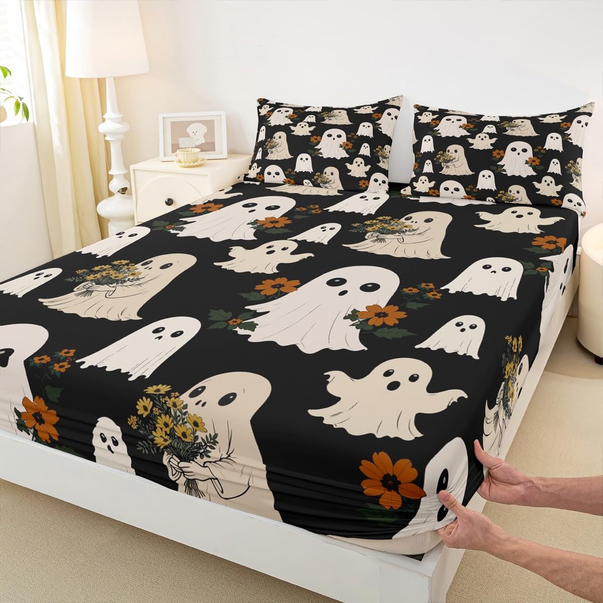 Cute Ghost Fitted Sheet Queen Size,Cartoon Halloween Ghost Bedding Sets 3Pcs for Kids Girls Boys Adult Room Decor,Hippie Daisy Flower Bed Sheet Funny Black Deep Pocket Sheet,2 Pillowcases