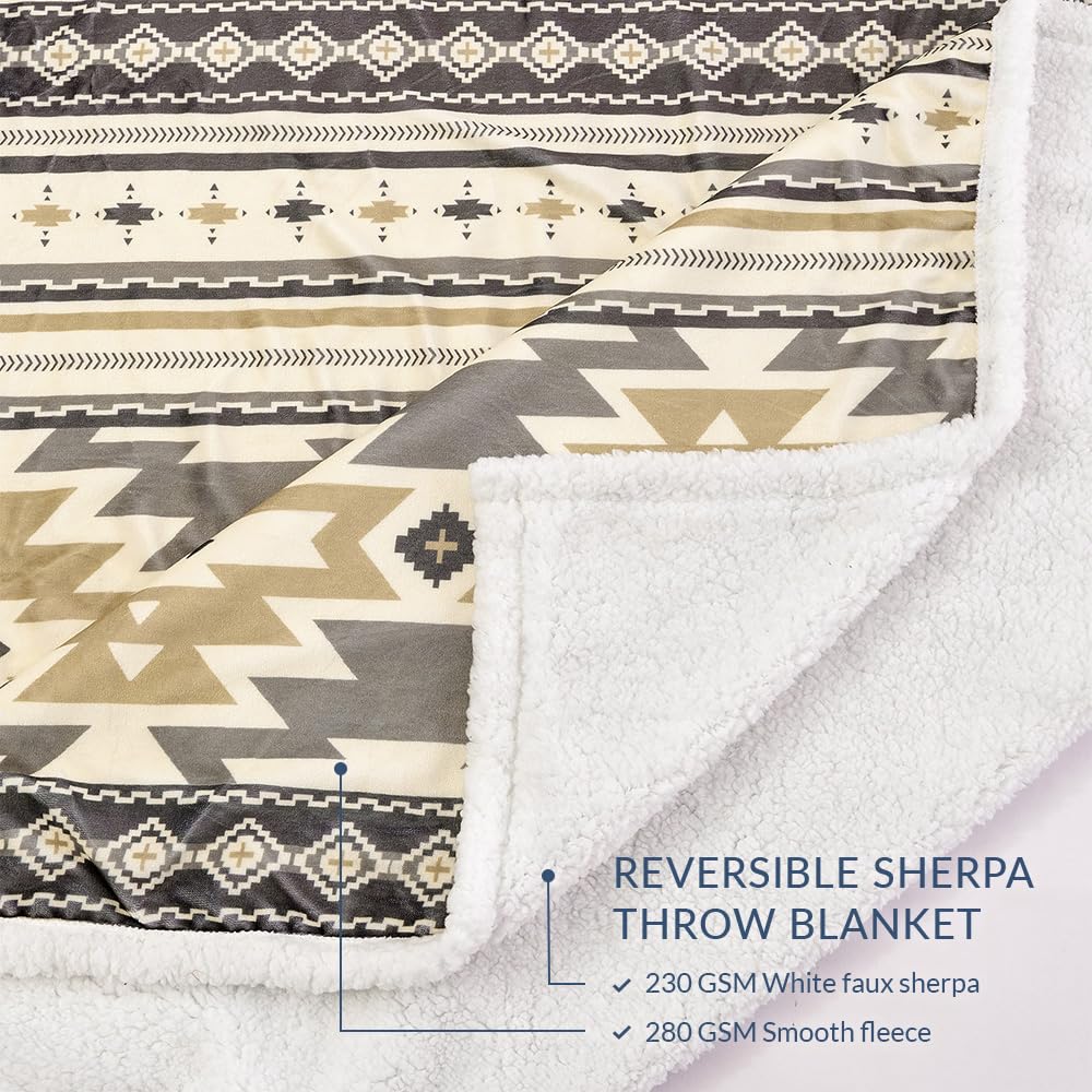 Paseo Road Indigo Hill by HiEnd Accents Desert Sage Aztec 3 Piece Sherpa Throw Blanket Set, Tribal Navajo Print Fleece Throw Set, Western Southwestern Style, 1 Throw and 2 Throw Pillows
