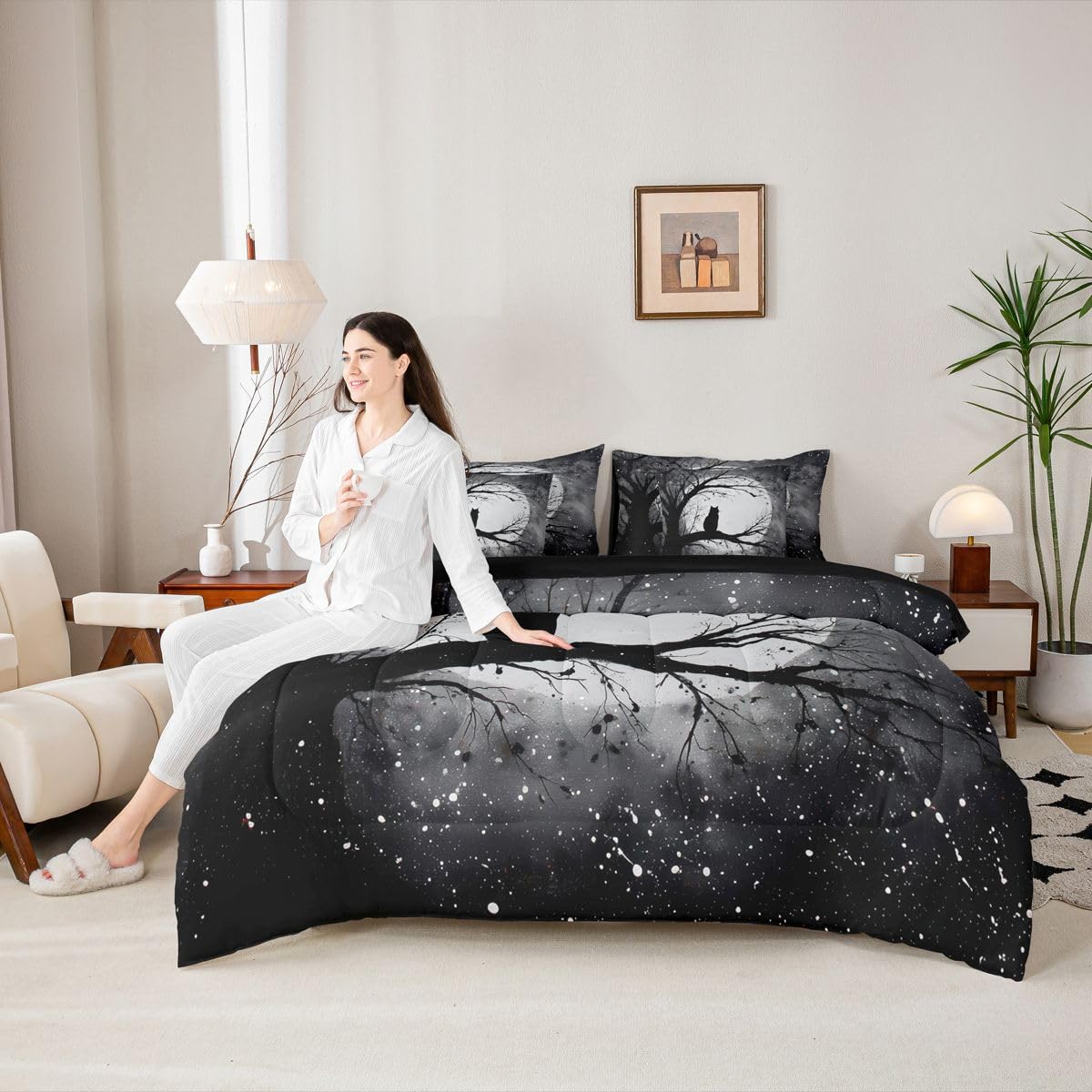 Erosebridal Halloween Black Cat 7-Piece Bedding Set Full Size Gothic Midnight Black Cat Bed in a Bag Midnight Full Moon Comforter Set with Sheets Tree Branches Duvet Insert