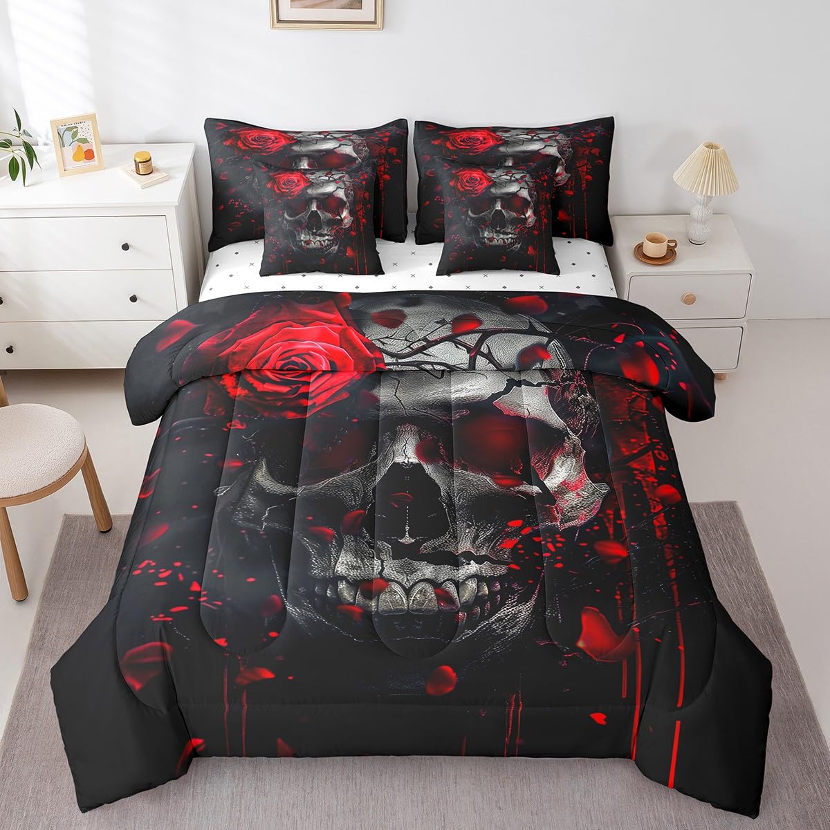 7 Pieces Twin Size Gothic Skeleton Comforter Set,Tie-dye Graffiti Rose Flower Bedding Set for Boys Girls,Trippy Skull Halloween Theme (Comforter+Fitted+Flat Sheet+2 Pillowcases+2 Throw Pillow Covers)