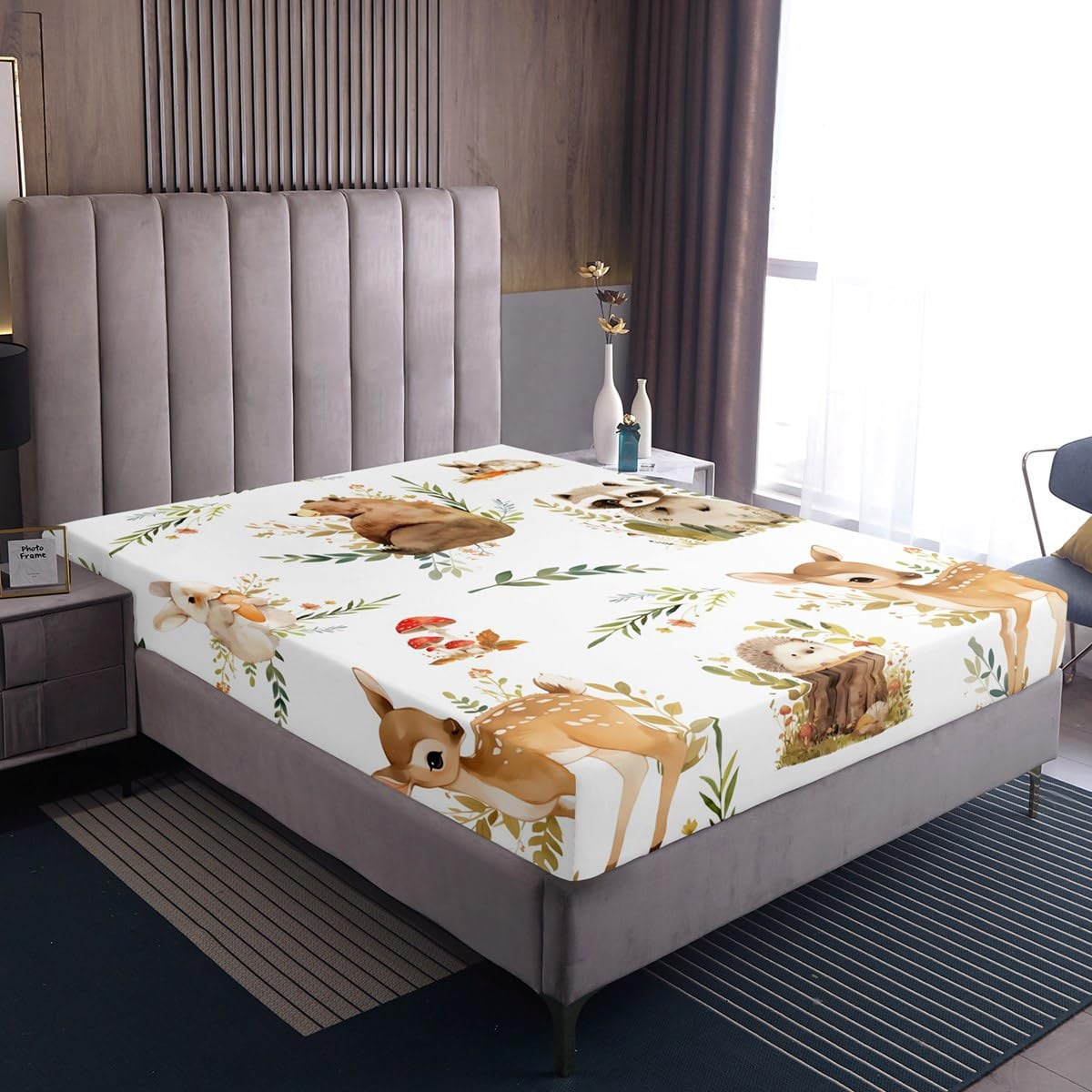 Erosebridal Woodland Animal Bed Sheets Twin Size Forest Deer Bear Sheet Set for Boys Kids Girls Cute Rabbit Hedgehog Raccoon Jungle Animal Bedding Set Cartoon Zoo Animals Flat Fitted Sheet