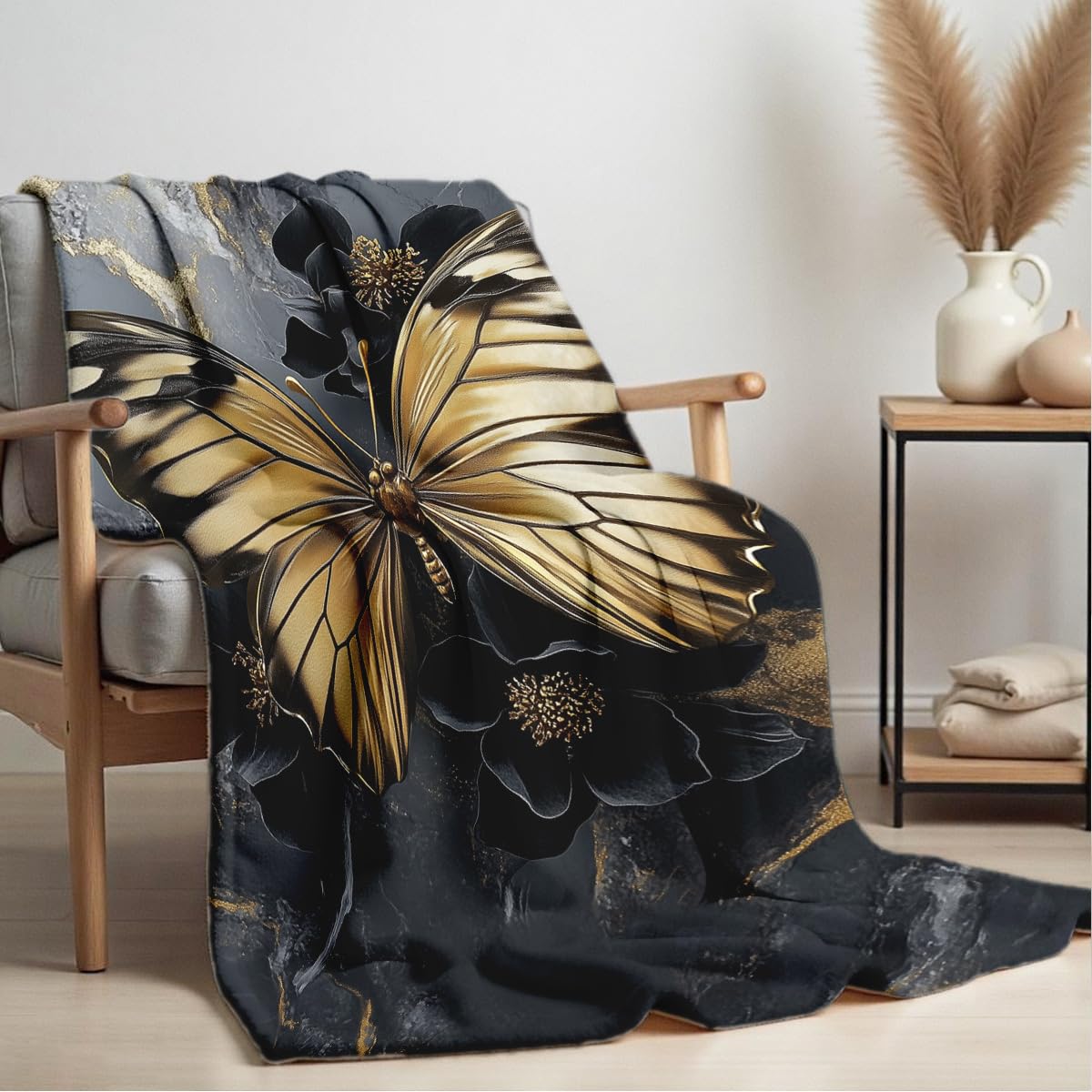HUNXIAOJ Printed Bed Blanket Black Gold Butterfly Throws Soft Flannel Blanket Butterfly Love Gifts Butterflies Decor for Couch Bed (59"x78")