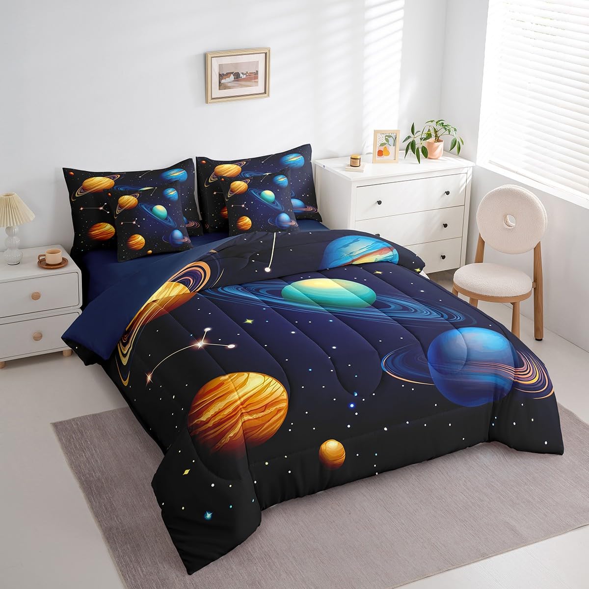Erosebridal Kids Galaxy Bed in A Bag with Sheets Teen Boys Outer Space Planet Bedding Set Solar System Twin Comforter Set 7 Piece Starry Sky Universe Stars Sheet Set with Comforter