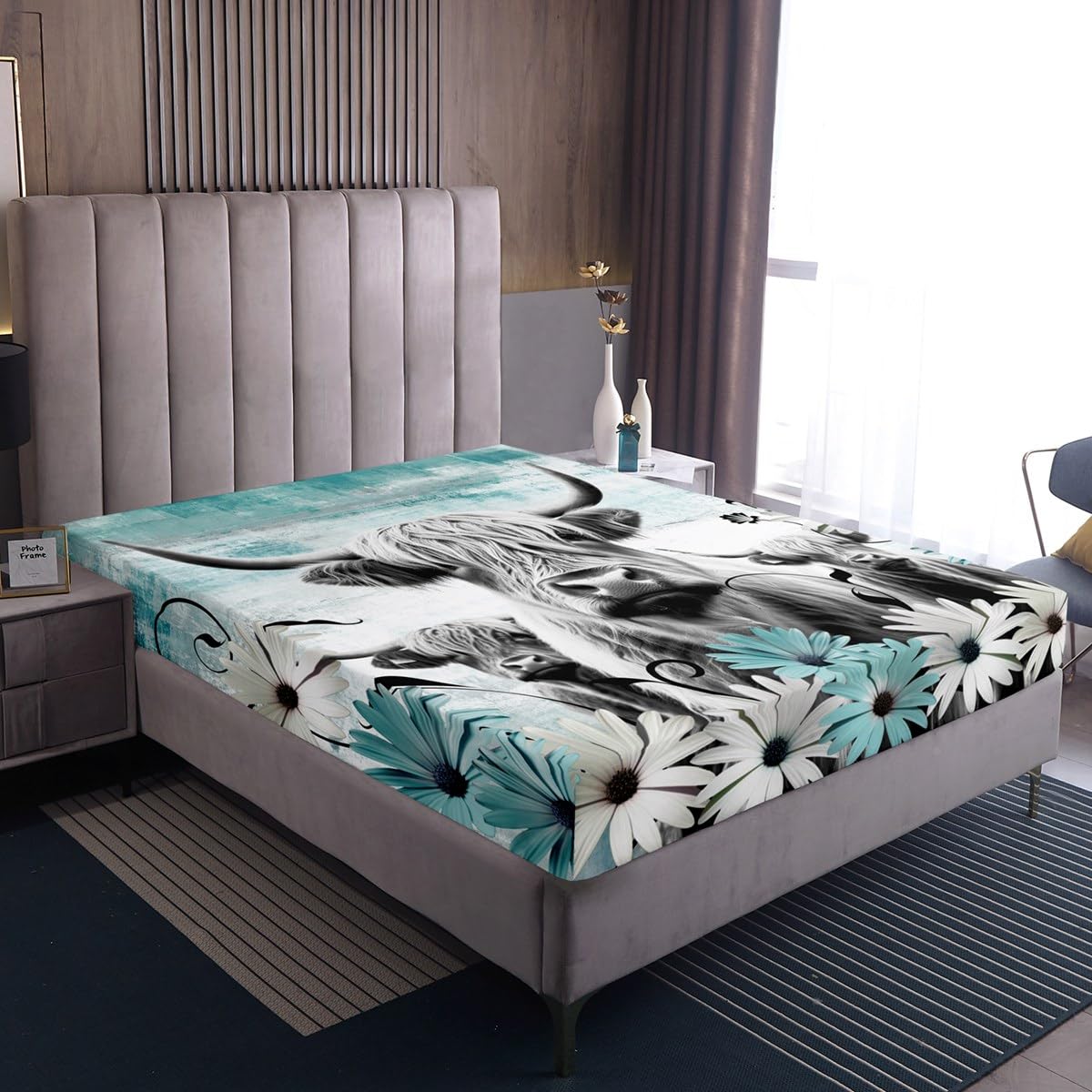 Erosebridal Highland Cow Print Bed Sheets Queen,Teal Western Farmhouse Sheet Set Rustic Home Decor,Longhorn Cattle Farm Animals Fitted Sheet Graffiti Daisy Flowers Bed Set Cowboys Gifts for Men Women