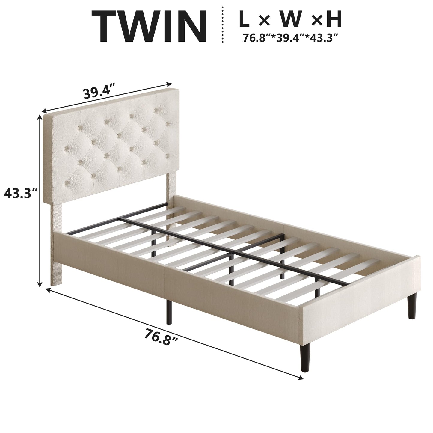 Lullabyre Twin Bed Frames for Kids, Upholstered Platform Bed Frame, Upholstered Bed Frame with Tufted Headboard, No Box Spring Needed, Easy Assemble, White