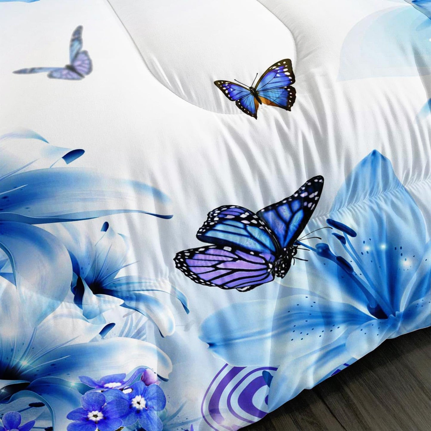 AILONEN Blue Floral Butterfly Bedding Set - Butterfly Comforter & 2 Pillowcases Queen Size - Beautiful Flower Teen Bedding Sets for Girls Women 3 Pieces Soft