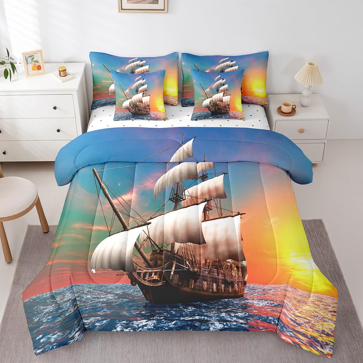Erosebridal Sailboat 7 Piece Comforter Set Full Bed in a Bag,Pirate Ship Bedding Sets Sunset Ocean Decor Sheet Set with Comforter