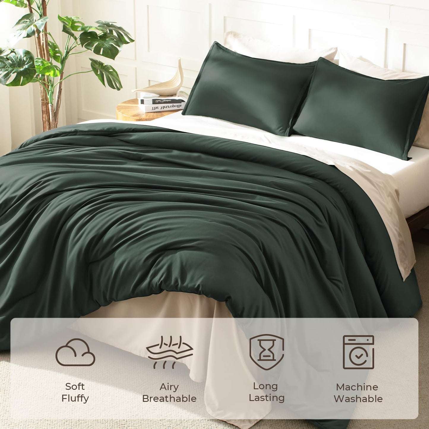 Litanika Forest Green Comforter King Size, 3 Pieces Lightweight Solid Bedding Comforter Set, All Season Fluffy Bed Set (104x90In Comforter & 2 Pillowcases)