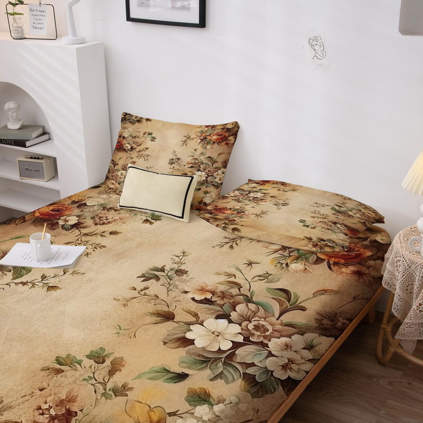 THYUNQ Antique Floral Split King Sheets Sets for Adjustable Bed, Vintage Flower Pattern Sheet Set - 16 Inch Deep Pocket, Super Soft Microfiber Printed Bedding Sheets & Pillowcases 5 Piece