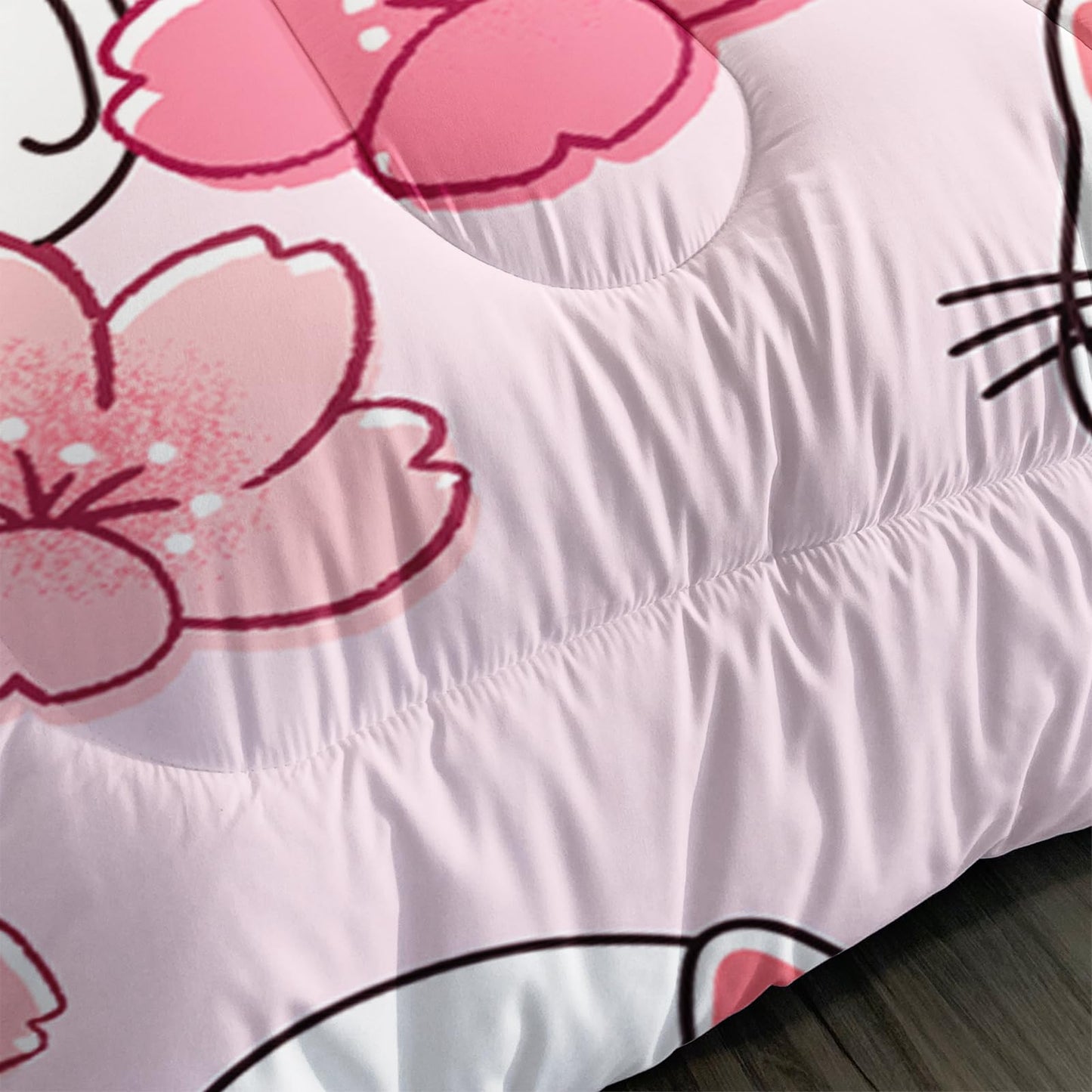 QOOMO 3Pcs Sakura Cats Comforter Set Twin,Floral Bedding Set for Teens Boys Girls,Cherry Blossom Printed Comforter with 2 Pillowcases,Down Alternative,Soft and Lightweight