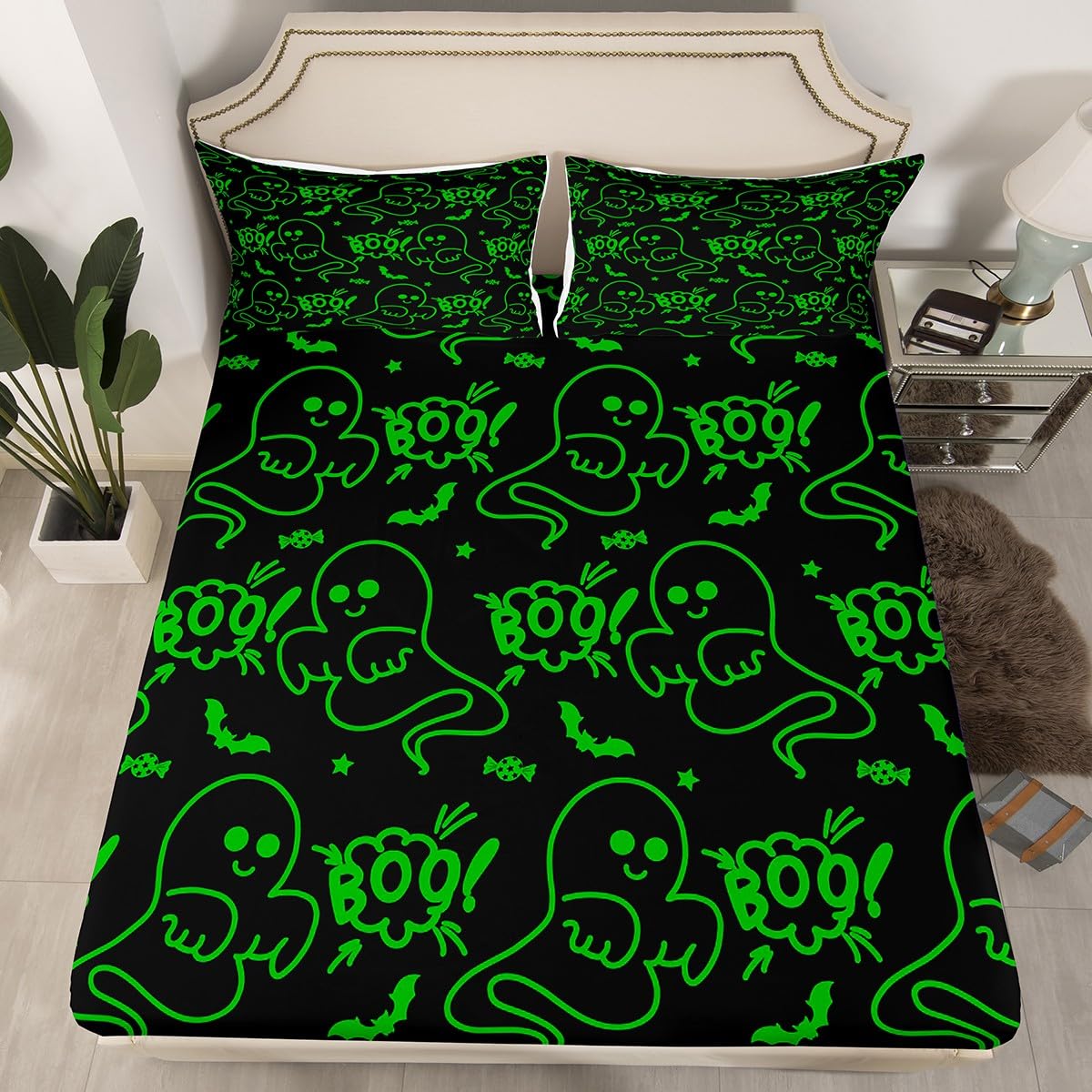 Feelyou Halloween Sheets Set Cartoon Ghost Twin Size Bedding Set Decoration for Kids Boys Girls Green Fitted Sheet Ghost Festival Themed Bed Sheet Set Collection