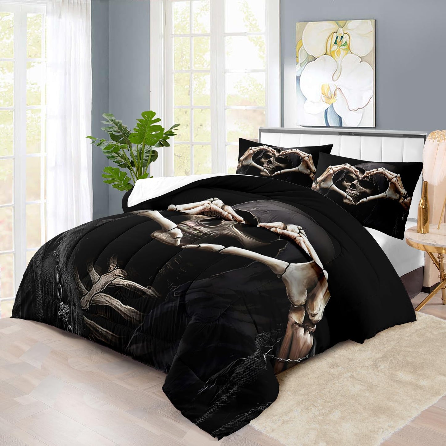 llyxsesty Black Skull Comforter Set Queen Black Goth Comforter Sets for Couple Skull Bedding Girls Medieval Bedding Goth Room Decor Love Heart Bed Quilt Love Home Decor