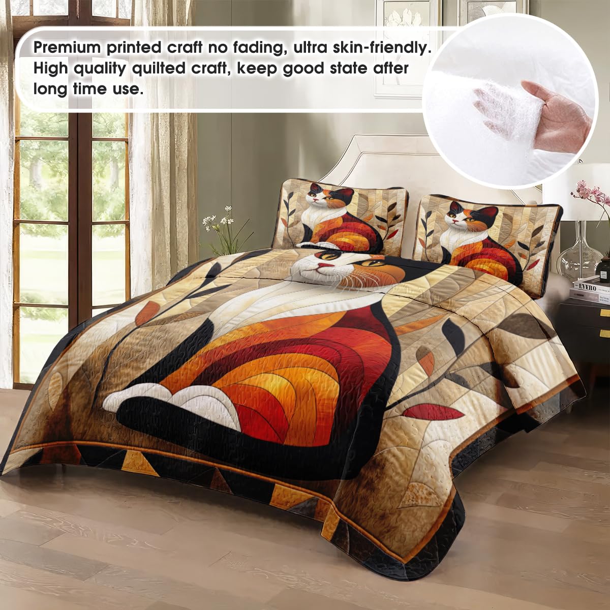 Jeminise Cat Quilt Set - Cat Patchwork Style Printed Bedding, Animal Patchwork Bedset, Farmhouse Blanket with Pillowcases, Premium Quilt Pattern Bedding Set, Twin Full Queen Size