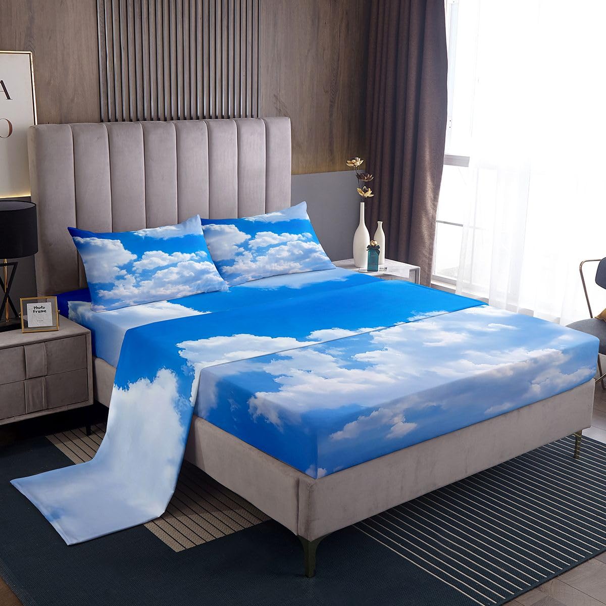 Erosebridal Blue Sky and White Clouds Sheet Set Twin Size for Boys Teens, Kids Kawaii Fitted Sheet Nature Bed Sheets Soft Microfiber Top Sheet Bedroom Decor 3 Pieces with 1 Pillowcase