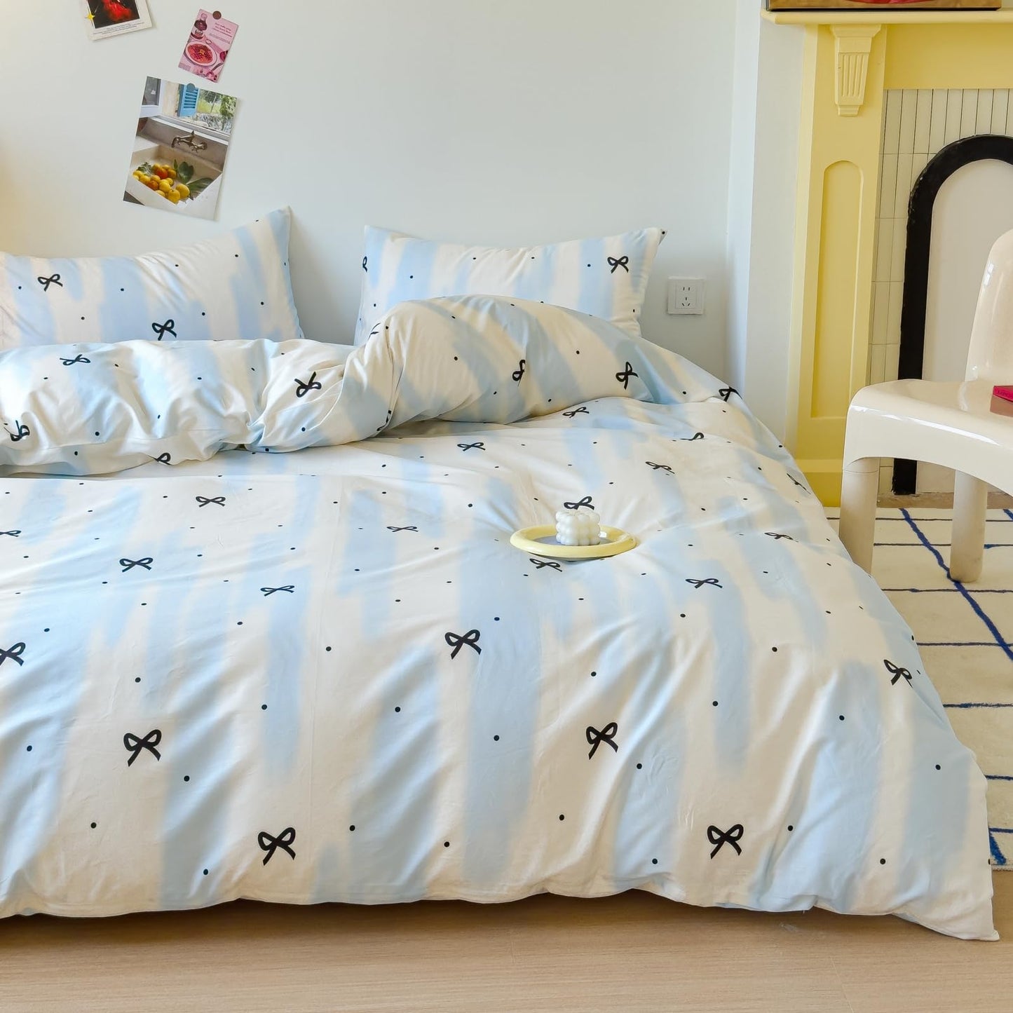 LIWHENHAO Bowknot Duvet Cover Set Queen 100% Cotton Bedding Black Bowknot Polka Dot on Blue White 1 Abstract Striped Comforter Cover Full Zipper Closure 2 Pillowcases for Kids Girls Boys Woman