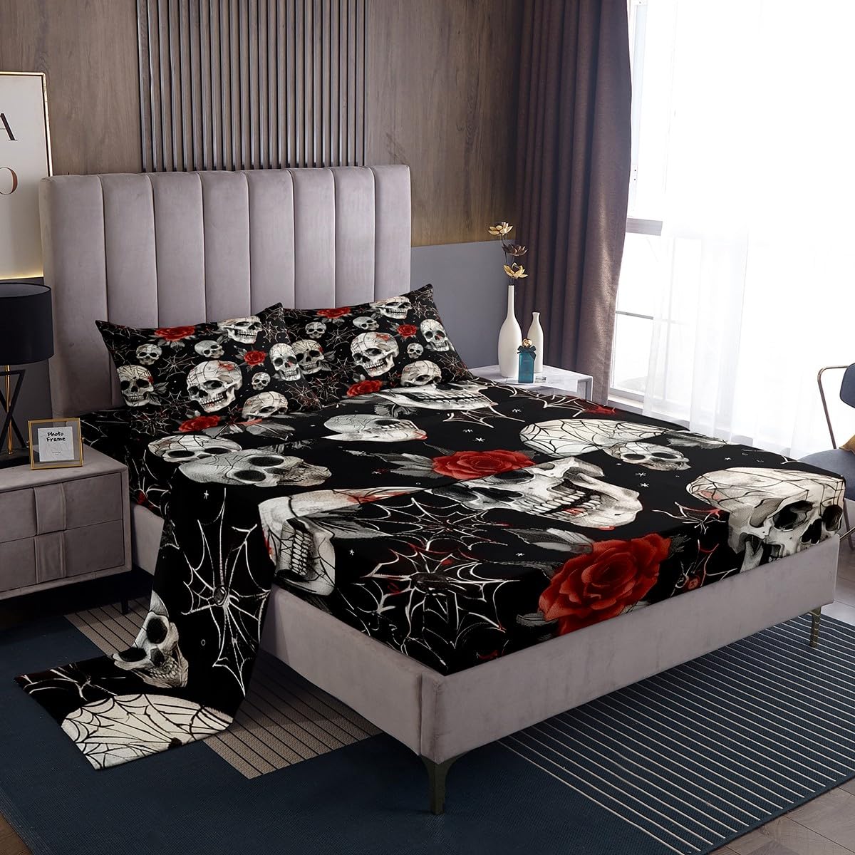 jejeloiu Halloween Decor Bed Sheets Set Twin Size Spider Web Deep Pocket Fitted Sheet Gothic Skull Bedding Sets Rose Blossoms Print Soft Bed Set 3Pcs with 1 Pillow Cases