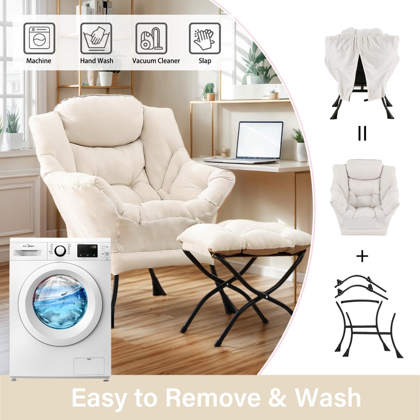 HomEastlly Lazy Chair with Ottoman, Large Beige Accent Chair with Ottoman, Comfy Reading Armchair, Leisure Sofa Chair for Living Room, Bedroom, Dorm Room, Office