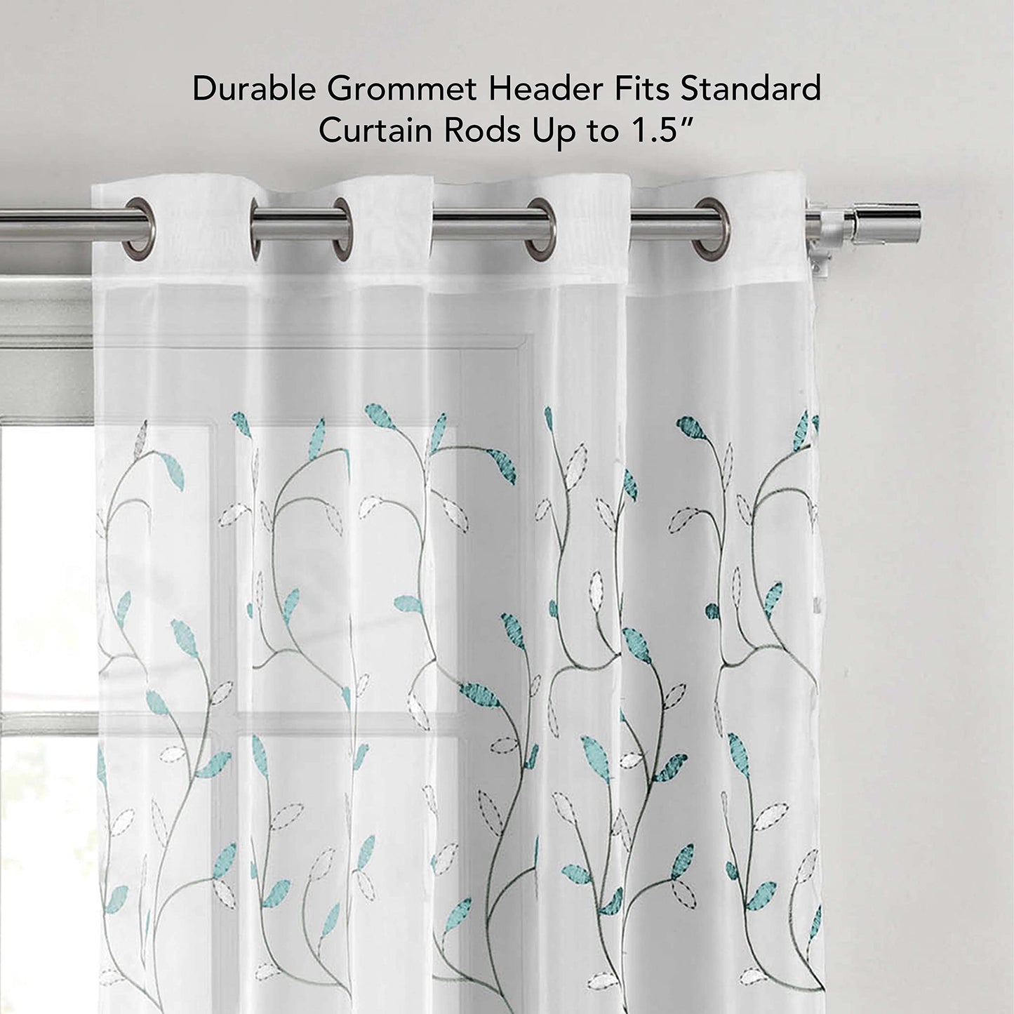 Creative Home Ideas Wavy Leaves, Embroidered Window Curtain with Grommets, Extra Wide Single Panel, 100% Polyester, Light Filtering, Sheer, Modern Drapes, 54" x 84", Turquoise