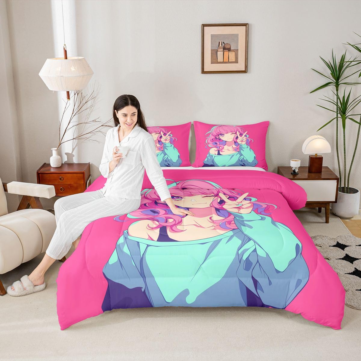Erosebridal Japanese Anime Bedding 3D Anime Girl Comforter Set, Kawaii Japanese Style Bedding Comforter Sets Cartoon Uniform Girl Duvet Insert for Girls Hot Pink Room Decor, Full