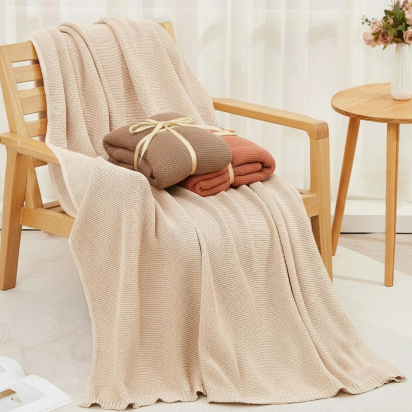Breling 3 Pcs 50 x 60 Inch Large 100% Cotton Knitted Throw Blanket for Couch Sofa Bed Room Home Use Travel Soft Lightweight and Machine Washable Cozy Knit Blanket Handmade Lap Towel,Beige Orange Brown