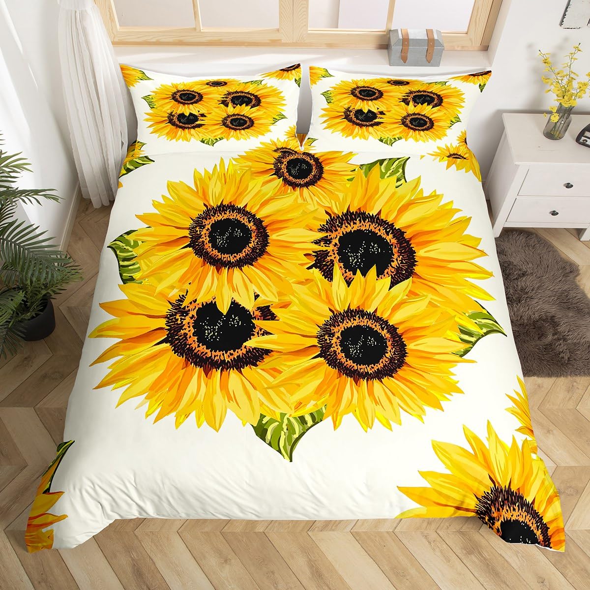 Homewish Sunflowers Bedding Set 3pcs Yellow Flowers Comforter Cover Yellow Sunflowers Printed Design Duvet Cover Set Botanical Bedspread Cover with 2 Pillow Cases(No Comforter) Queen Size